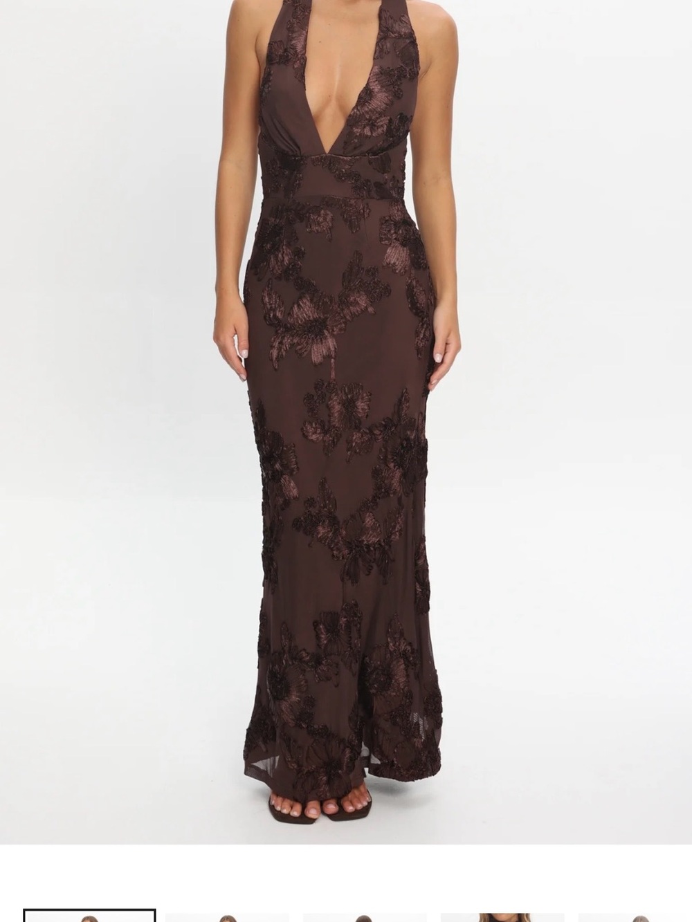 Selfie Leslie Cipriana Backless Halter Maxi Dress Embellished in Brown